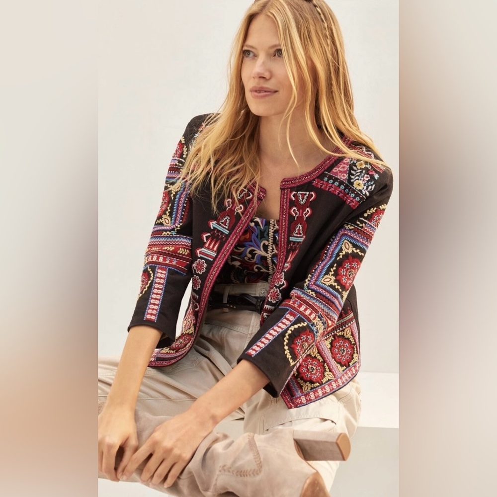 Anthropologie Black Jacket with Pink and Red Embroidery